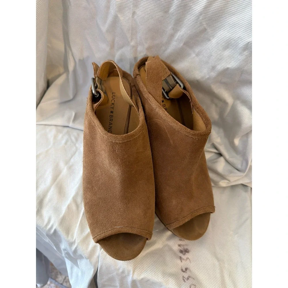 Lucky Brand Tan Suede Peep Toe Wedge Sandals Slingback Platform‎ Shoes Womens